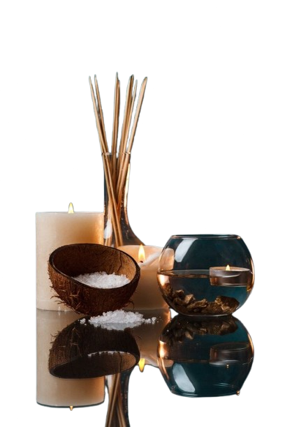 Spa still life — candles, incense and mineral salts at Michy Aesthetics